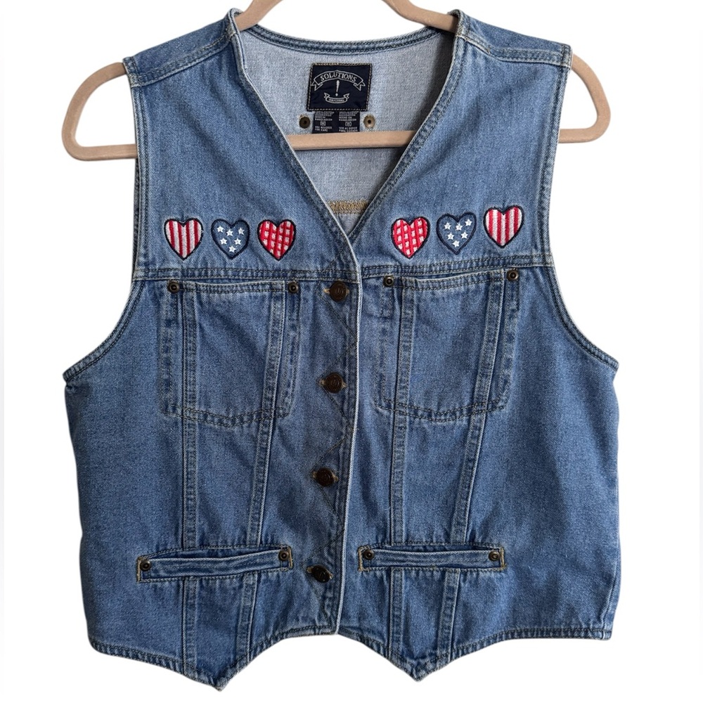 Vintage Solutions Original Denim Vest Western Americana Heart Patch Y2K Medium